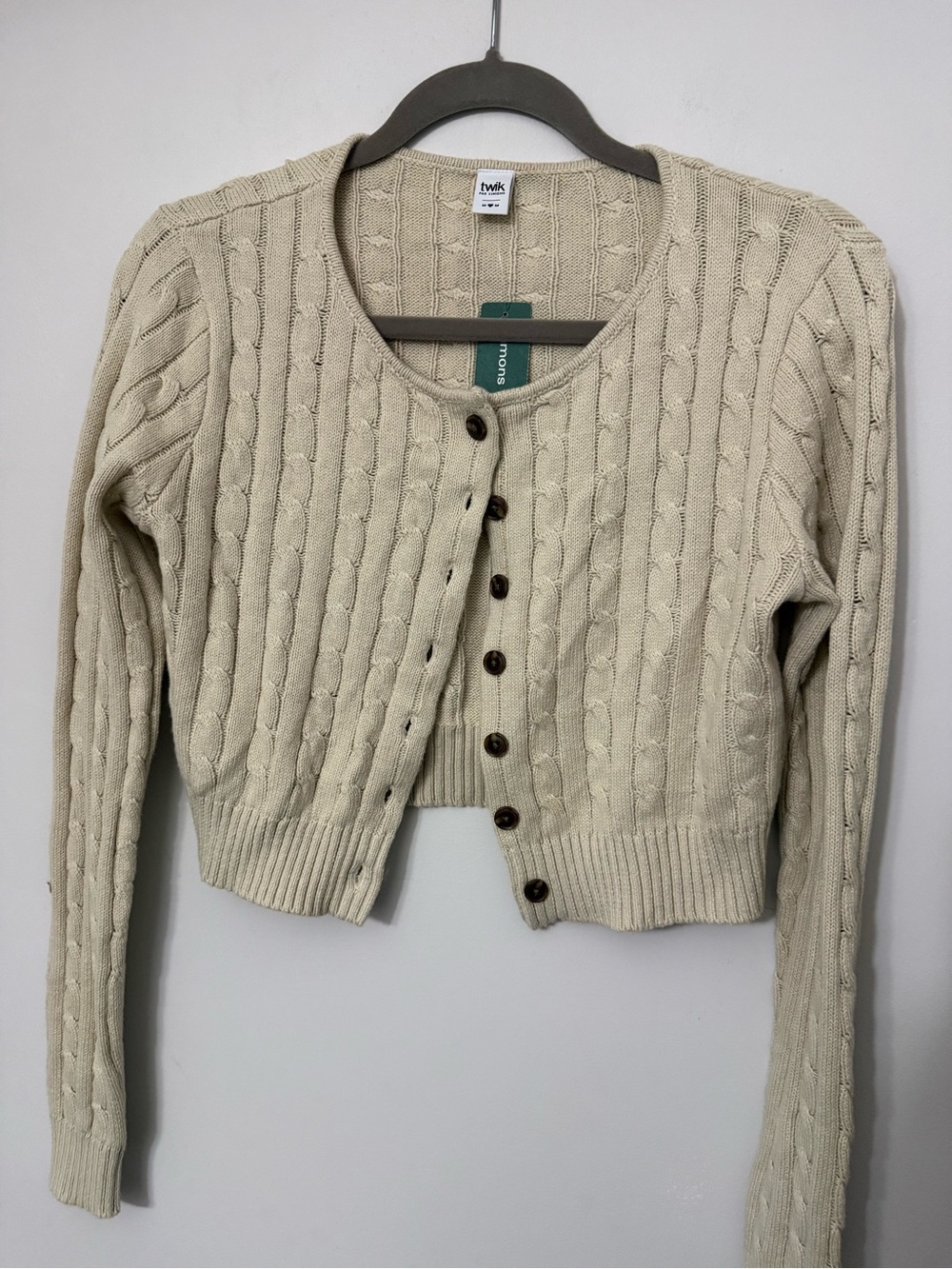 Twik for Simons women’s medium classic cream cable knit button-front cardigan